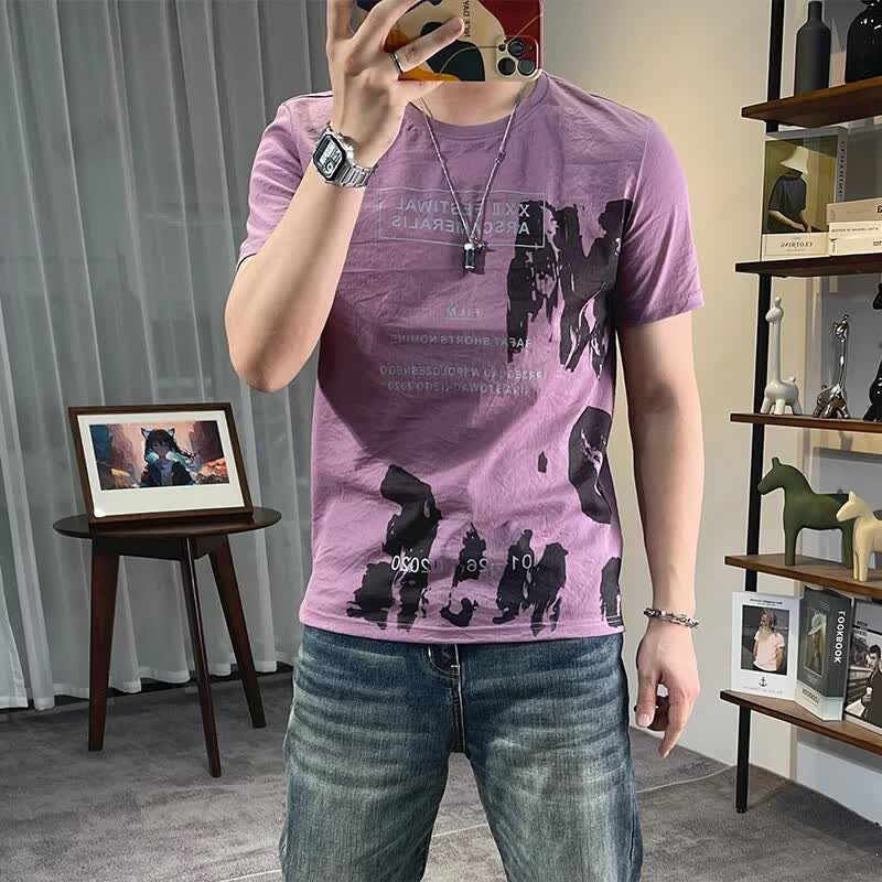 罗鸣老人【高档轻奢】新款棉麻短袖T恤男创意墨染印花圆领休闲冰丝麻短袖 紫色 L （建议120-135斤）