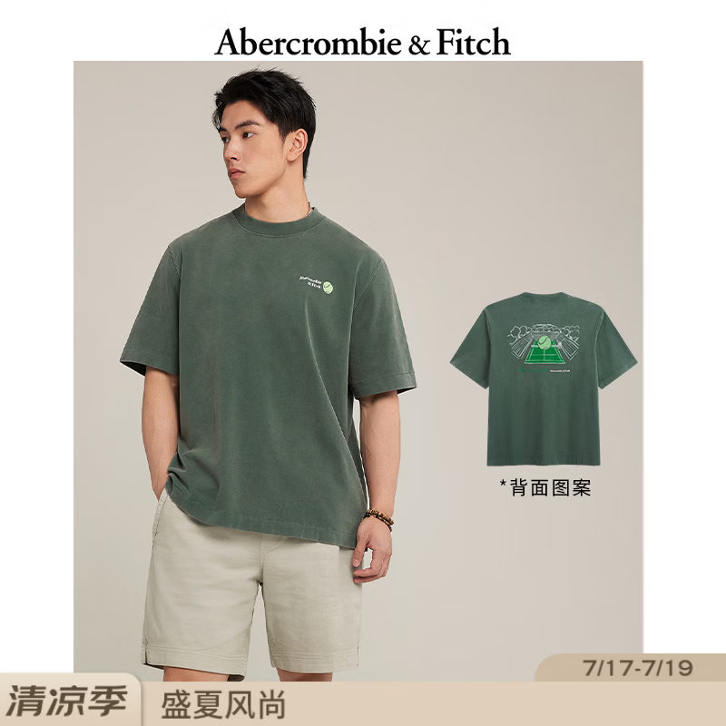 Abercrombie &amp; Fitch美式LOGO时尚情侣纯棉重磅短袖T恤上衣26夏男装123-6082 绿色 L (180/108A)