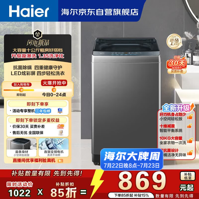 海尔（Haier）波轮洗衣机全自动 10KG 直驱变频 漩瀑洗 除菌螨 博卡灰 一级能效 家用大容量 XQB100-BZ2GD0