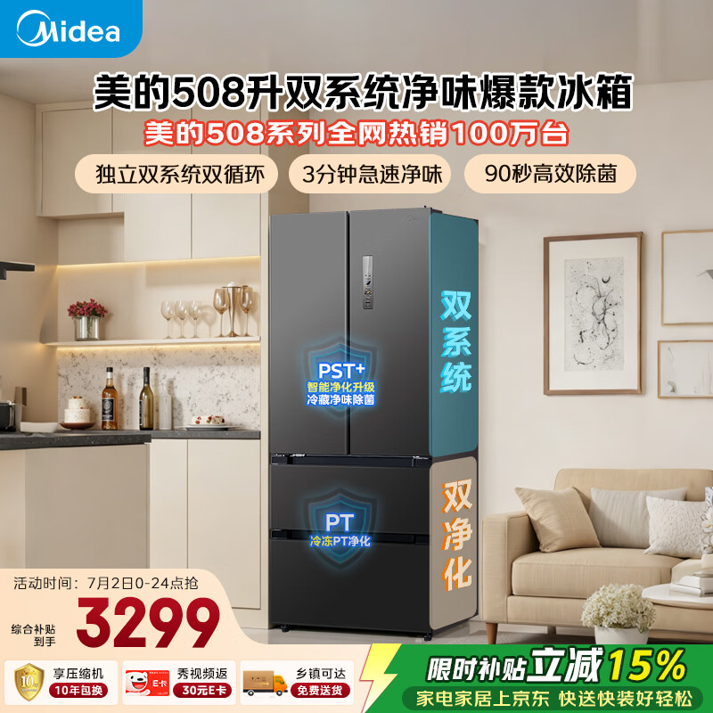 美的508L法式四开门冰箱双系统双循环一级能效除菌净味风冷无霜大容量BCD-508WTPZM(E)灰国家补贴