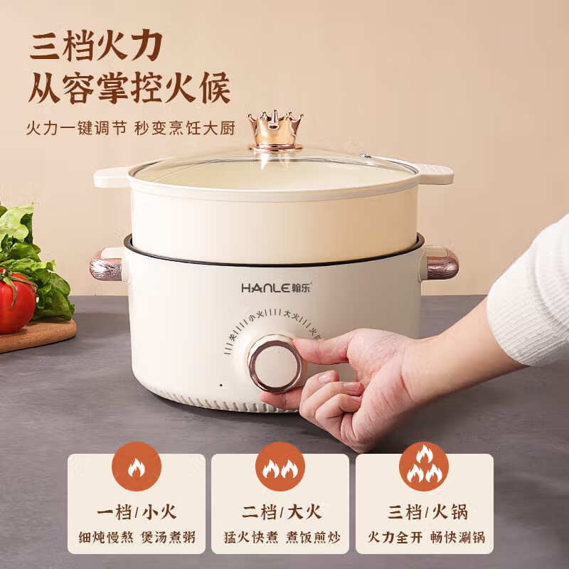 翰乐电煮锅多功能锅蒸煮煎炒一体电热锅家用电火锅宿舍学生煮面锅电饭锅不粘锅插电迷你小电锅配蒸笼 3.5L 多功能锅【送蒸笼】适合1-6人 国货正品【煮/蒸/炒/涮】三挡大火力
