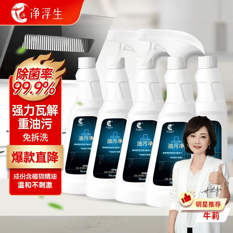 净浮生油污净500g*5牛莉推荐厨房抽油烟机强力家庭清洁去重油泡沫神器