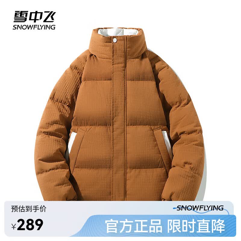 雪中飞秋冬新款百搭男士短款立领羽绒服鸭绒潮流肌理感面料羽绒服 咖啡色|7217 L 175/92A