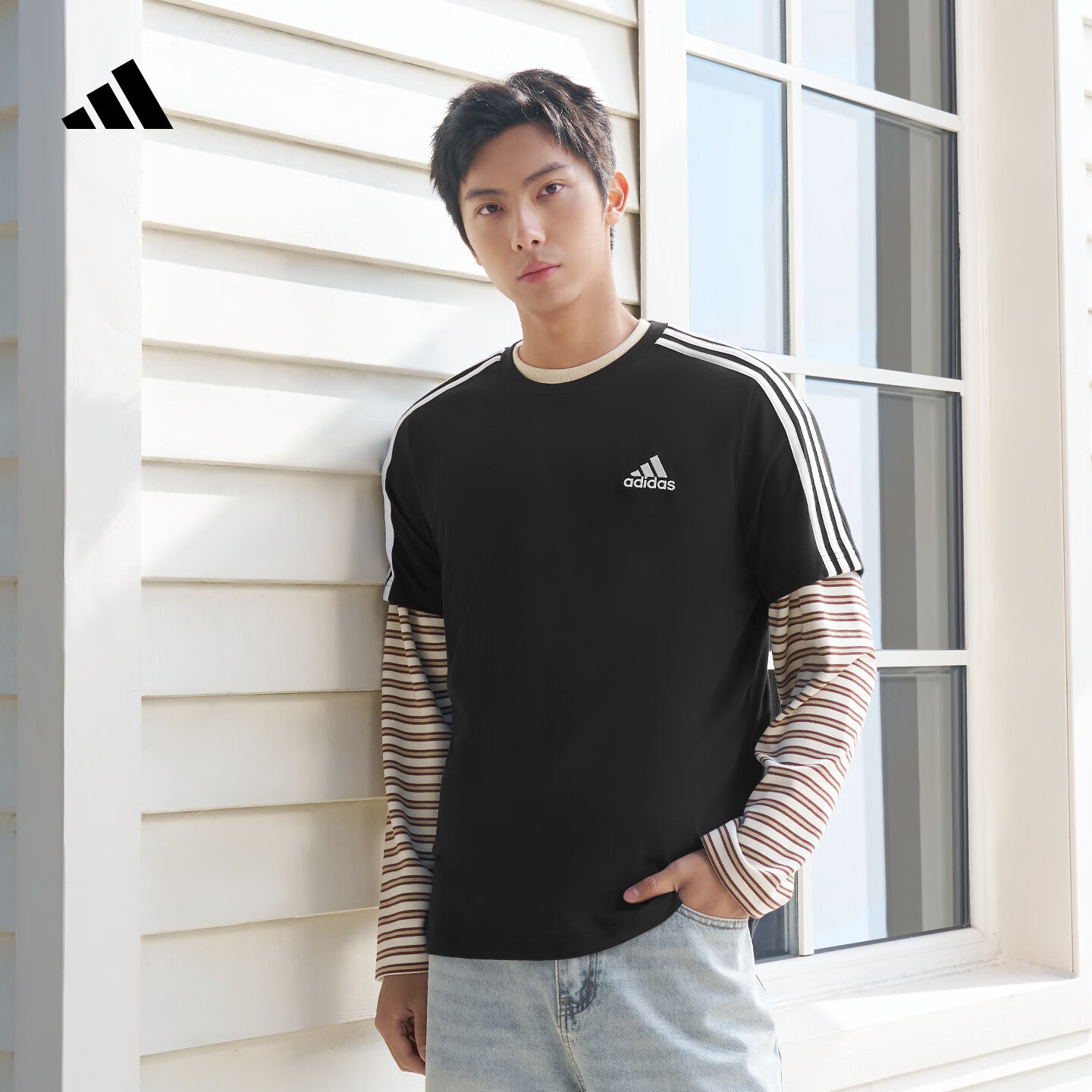 adidas纯棉休闲百搭三条纹针织运动圆领短袖T恤上衣男夏阿迪达斯 黑色/白   L  