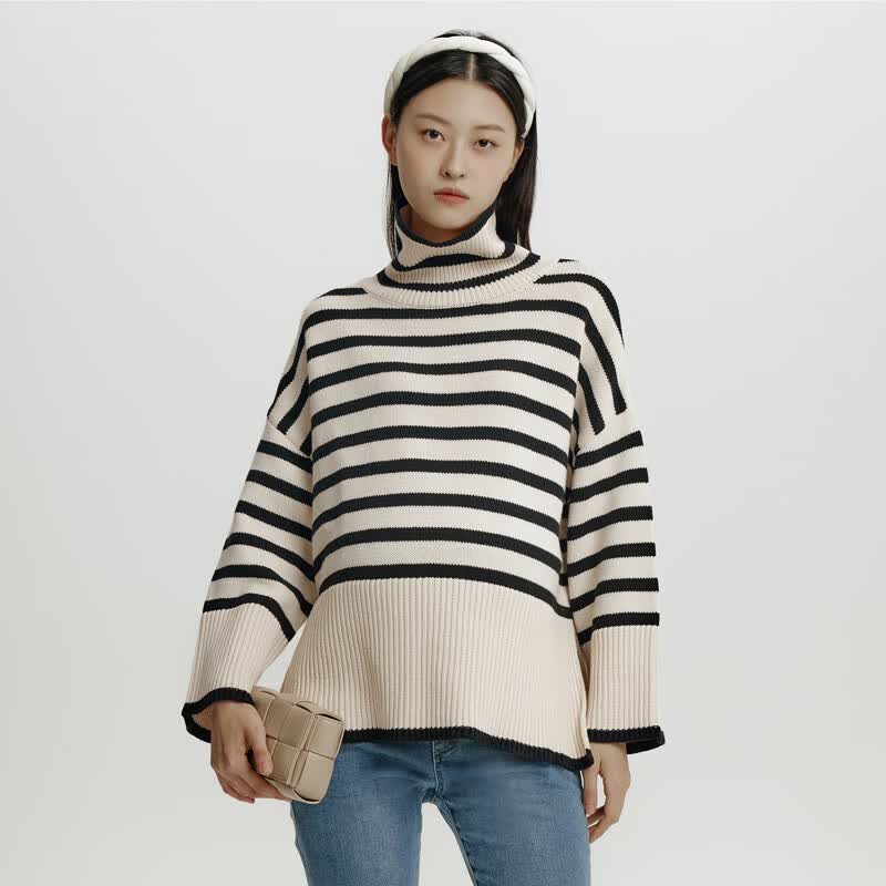 Sellynear孕妇装秋冬装新款高领毛衣慵懒风条纹宽松保暖上衣舒适孕妈毛衫 米杏色条纹 S