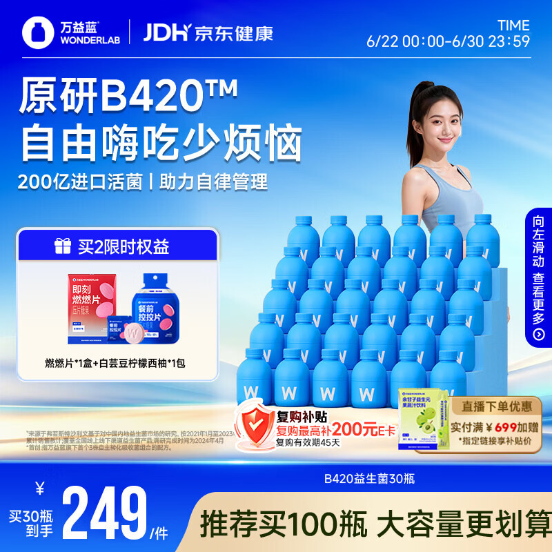 万益蓝WONDERLAB B420益生菌成人男女瘦添加利体素益生元A高活KK菌 30瓶