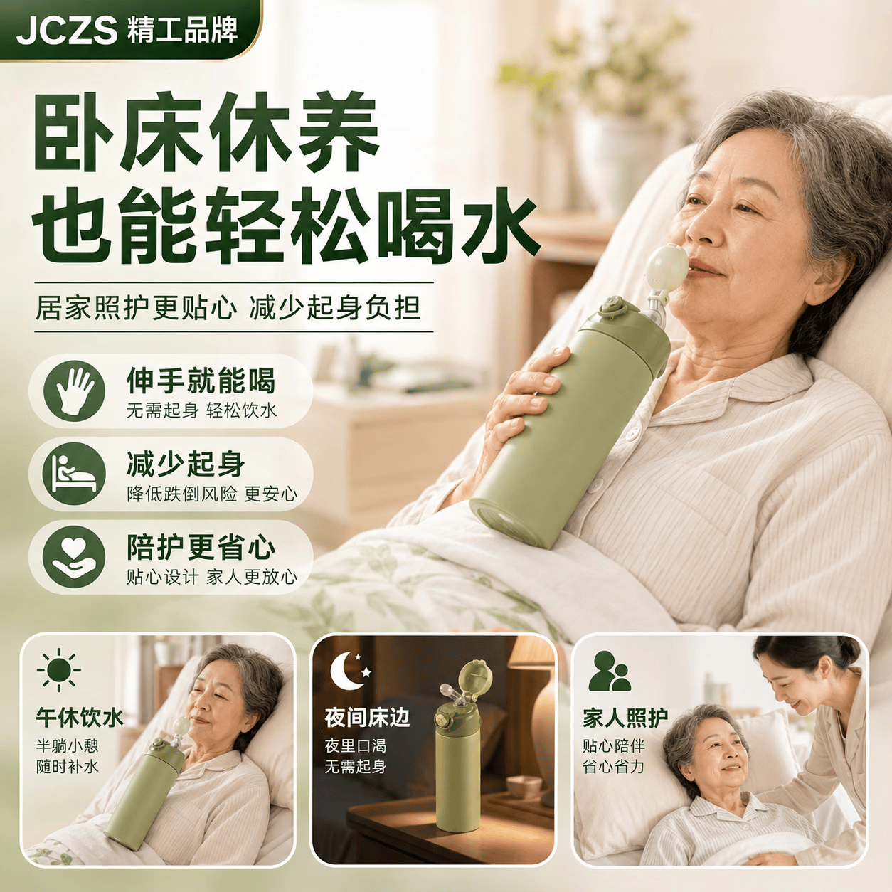 JCZS精工品牌带重力球吸管保温杯成人卧床老人喝水防呛护理杯躺着喝水 【德国抗菌316】400ml 白色 送杯刷+吸管刷
