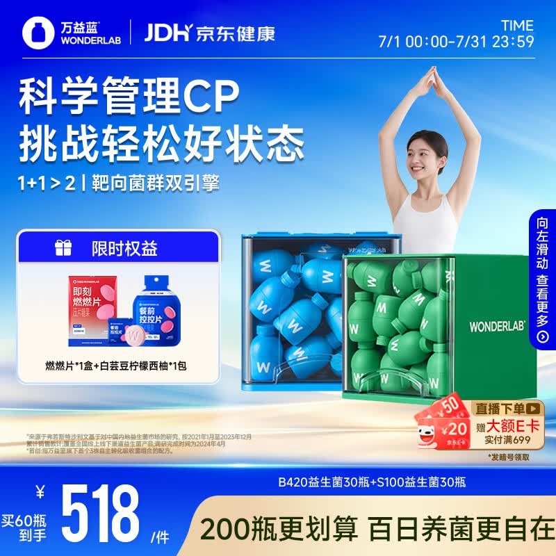 万益蓝（WONDERLAB）早B420晚S100组合30瓶+30瓶 益生菌减益生元棕色肥脂肪