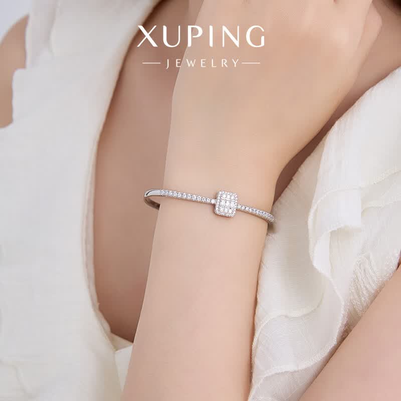 XUPING旭平首饰轻奢几何方形排钻手镯女精致百搭通勤闺蜜生日礼物首饰 手镯按压开口 约54mm