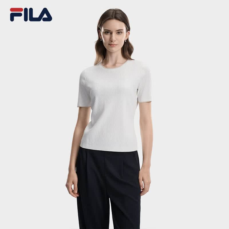 FILA 斐乐官方女子编织衫2026秋季新款休闲简约百搭修身短袖上衣 云白-WT M 165/84A/M