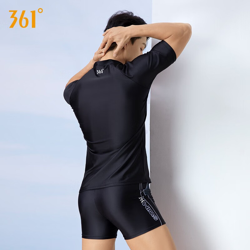361°泳衣男士套装泳衣青少年成人男生大码游泳上衣男款泡温泉泳裤套装 黑色【单件短袖上衣】 L 身高165-175cm体重50-65kg