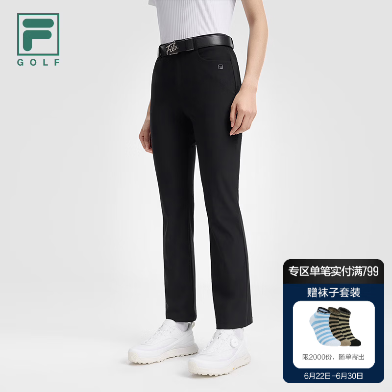 FILA 斐乐官方女士针织长裤2026秋新款高尔夫运动裤子基础喇叭裤 深黑-BK S 160/62A/S