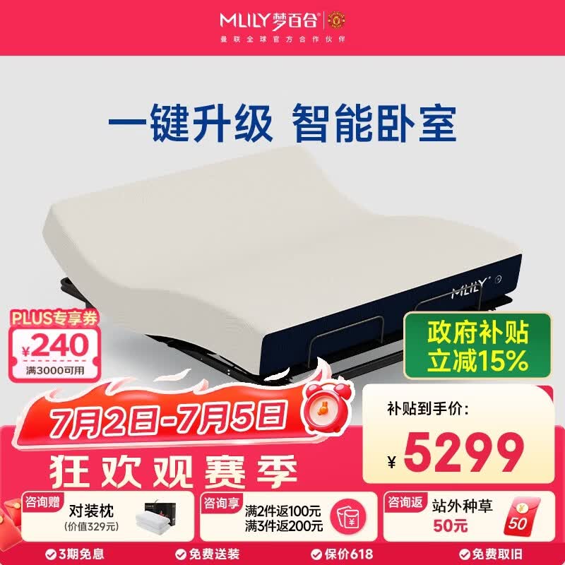 梦百合国民家居联名款智能床 可升降电动床无床头【M1+快充s】1.5米*2米