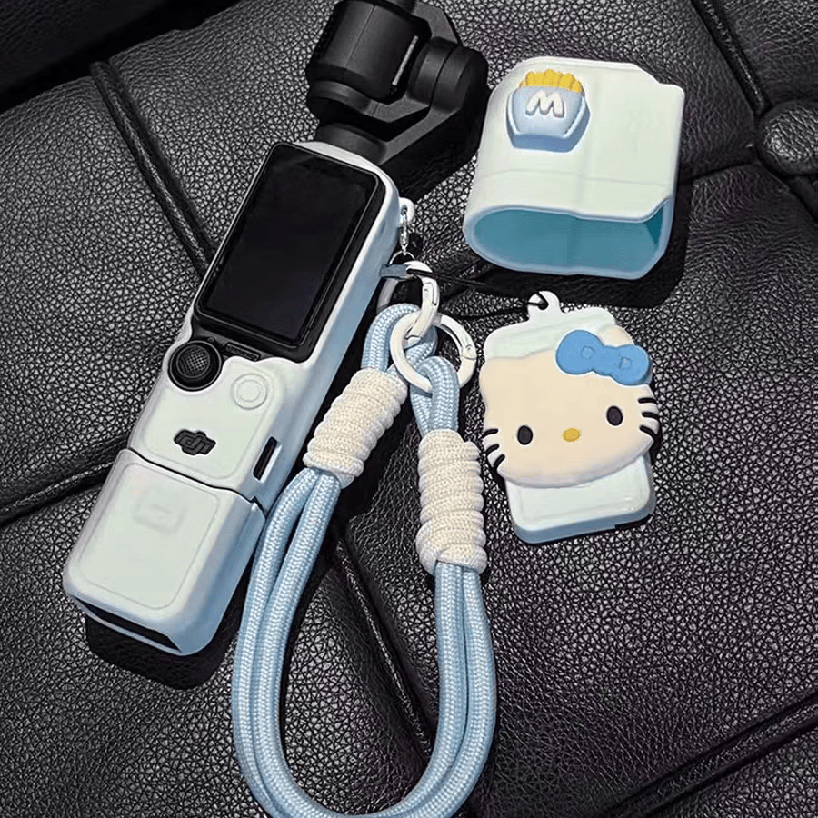MPPMCK大疆pocket4pro/4/3硅胶保护壳可爱软胶口袋相机配件运动相机保护套 浅蓝色【壳+薯条kt猫+挂绳+螺丝】 大疆pocket4