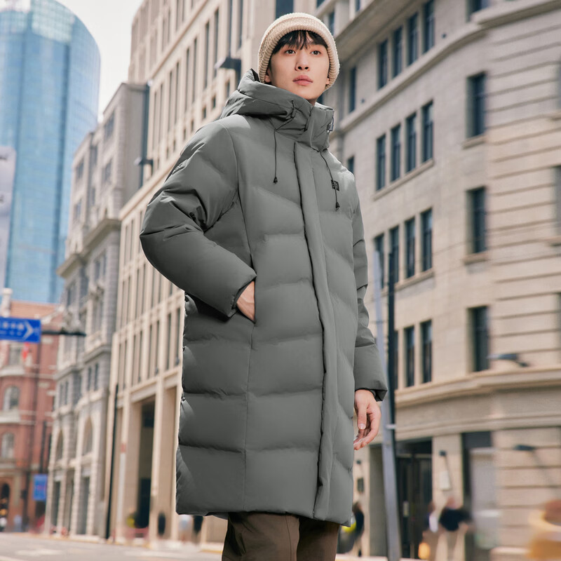雪中飞【鹅绒】【男女同款】H版型长款运动连帽羽绒服户外 烟墨灰|8656 L /175/96A