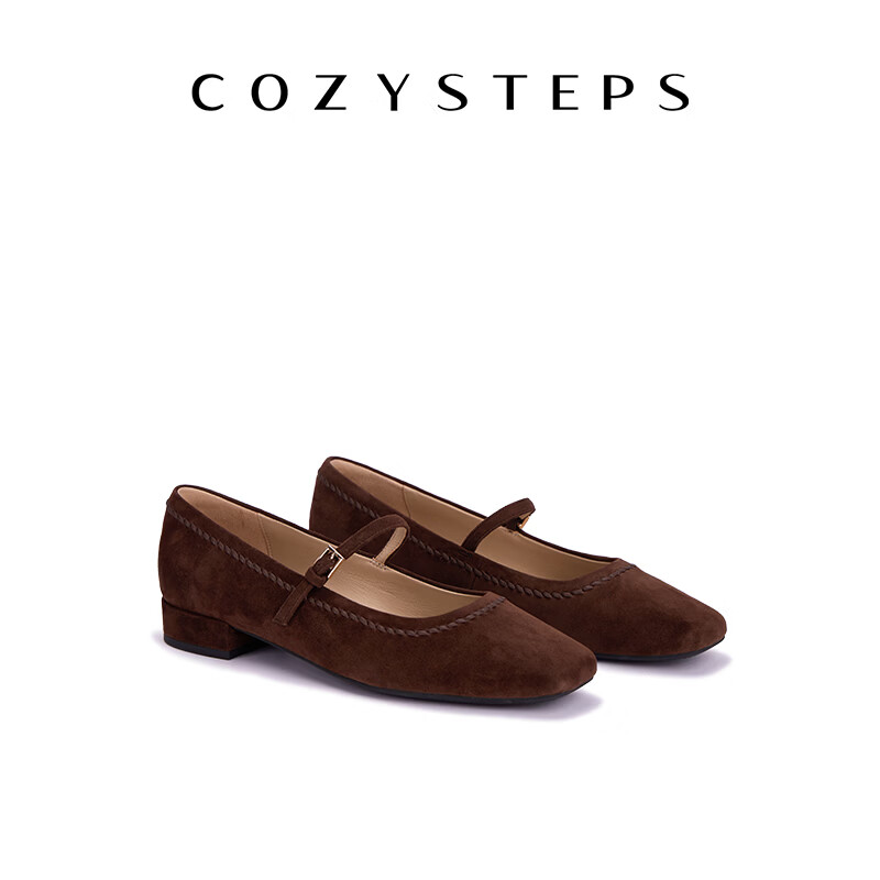 COZY STEPS可至女士26秋季新款羊皮反绒玛丽珍浅口单鞋真皮平底鞋 咖啡色 39