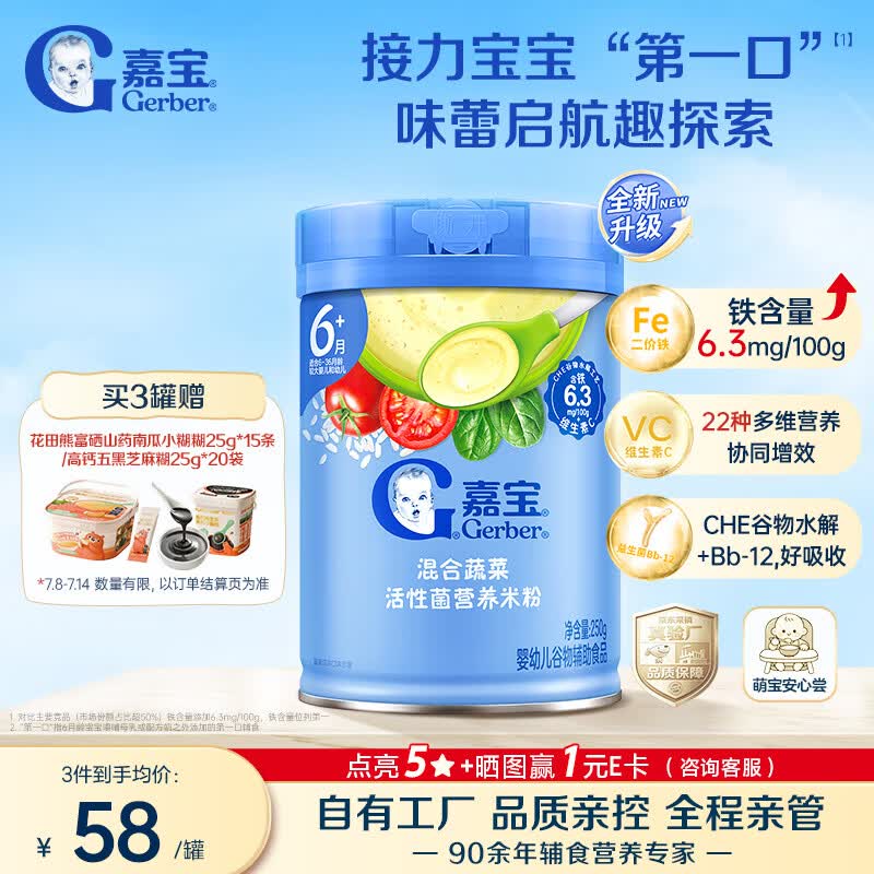 嘉宝（GERBER）【新升级】混合蔬菜谷物高铁米粉混合口味辅食米糊6月龄+250g