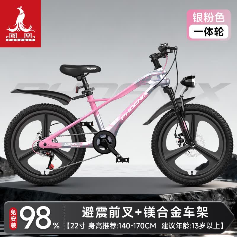 凤凰儿童自行车男女孩脚踏车3-8-12岁儿童山地车中大童小孩镁合金童车 【极光-22寸】银粉 变速一体轮