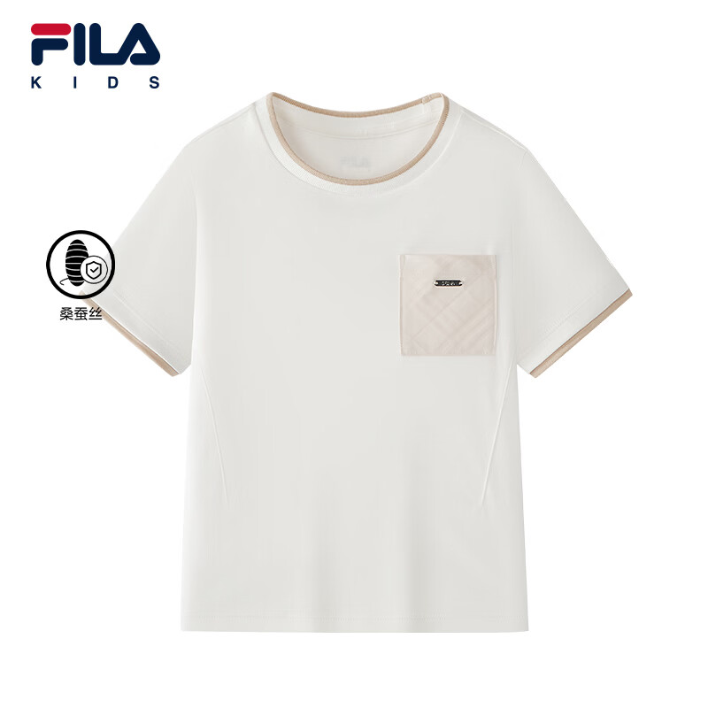 FILA【桑蚕丝】斐乐儿童童装短袖T恤2026秋季新款男小童针织上衣 云白色-WT 140