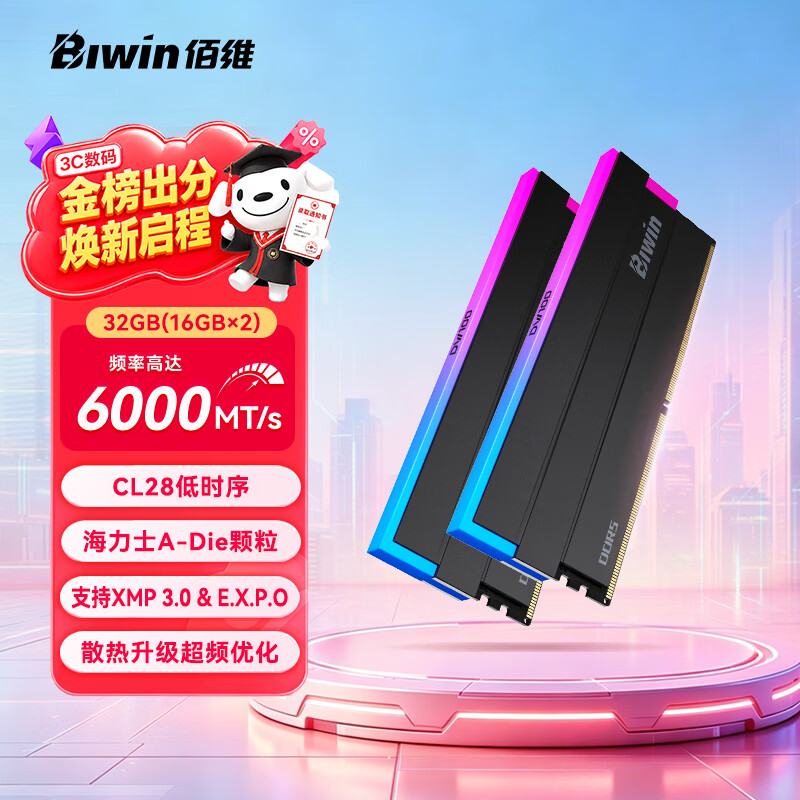 佰维（BIWIN）32G(16G×2)套装 DDR5 6000频率台式机内存条 时空行者DW100 RGB灯条(C28)黑色AI PC电脑存储配件