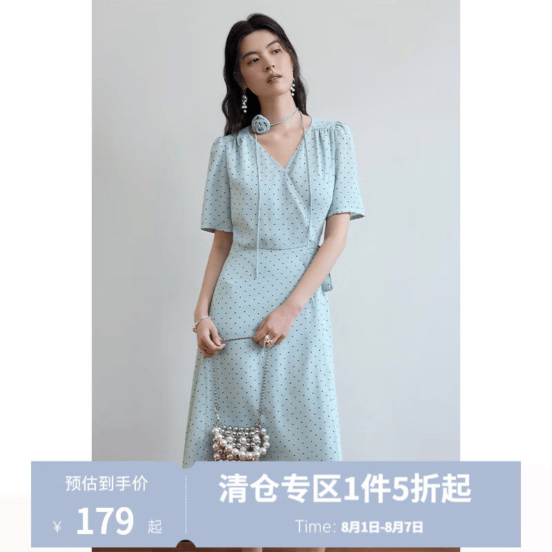 独束大码女装法式V领复古波点连衣裙夏季新款微胖mm灵动百搭女裙 远天蓝 M (尺码：1)