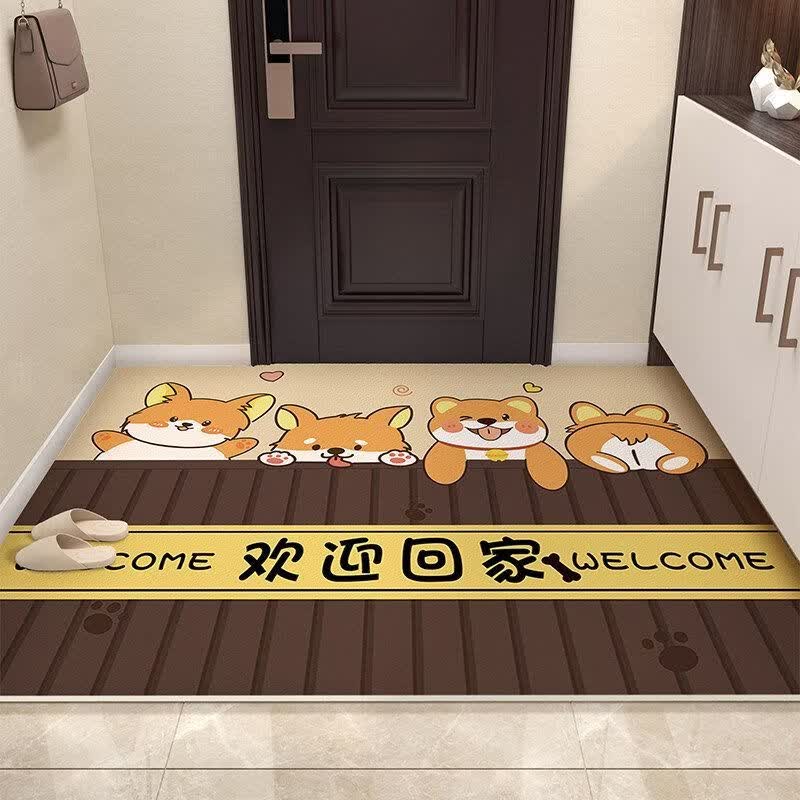 兴连心入户门地垫门口进门地毯脚垫家用可擦洗玄关耐脏防滑门垫 PU皮革-萌趣多多柴犬 120*140cm【一擦净】