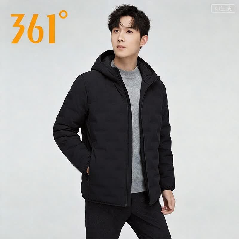 361°运动羽绒服男2026秋冬季连帽宽松保暖百搭休闲羽绒夹克外套 超级黑 S