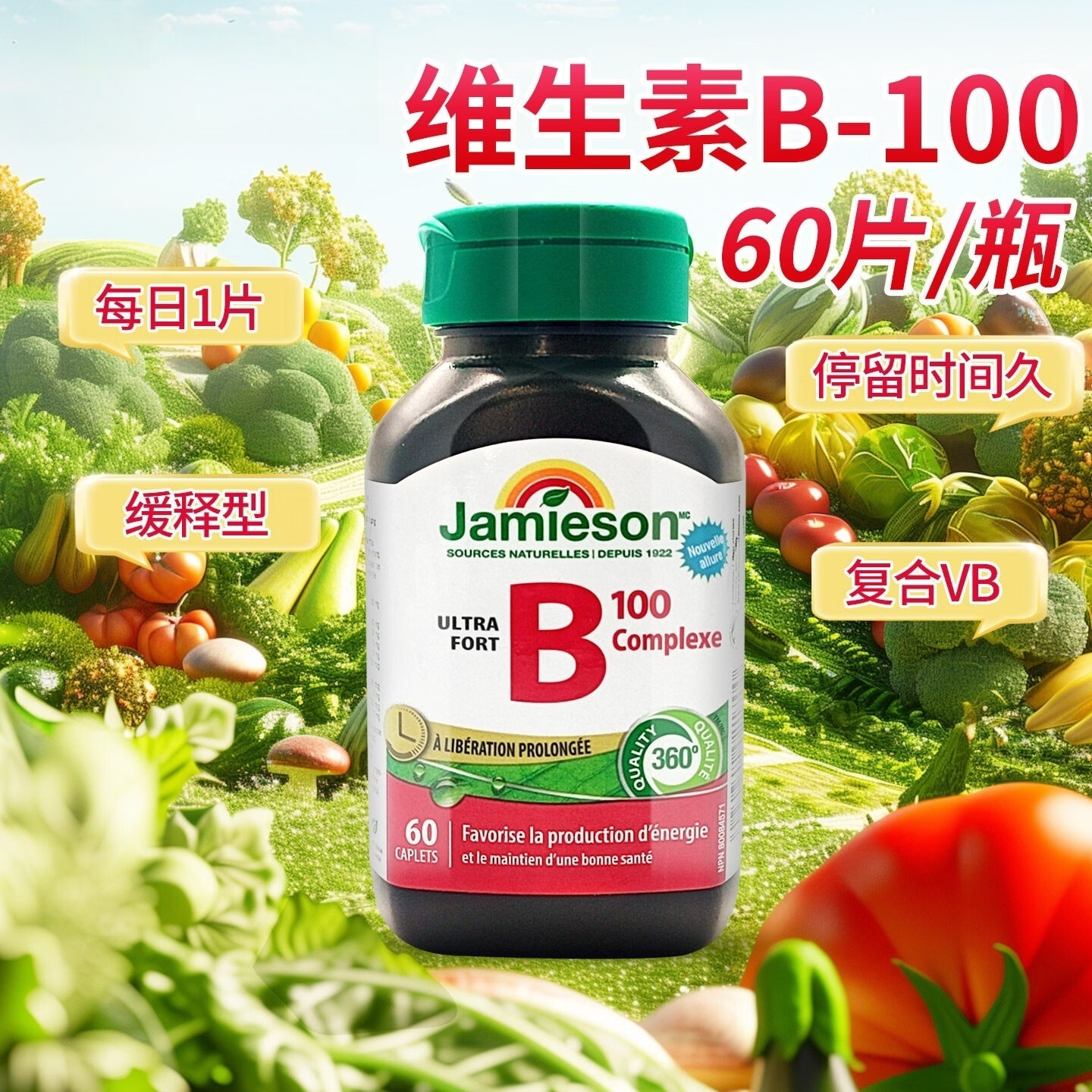 健美生（Jamieson）维生素B100缓释片b75复合维生素B族片b2/b5/b6/b12 复合维B100缓释片 60粒*1瓶