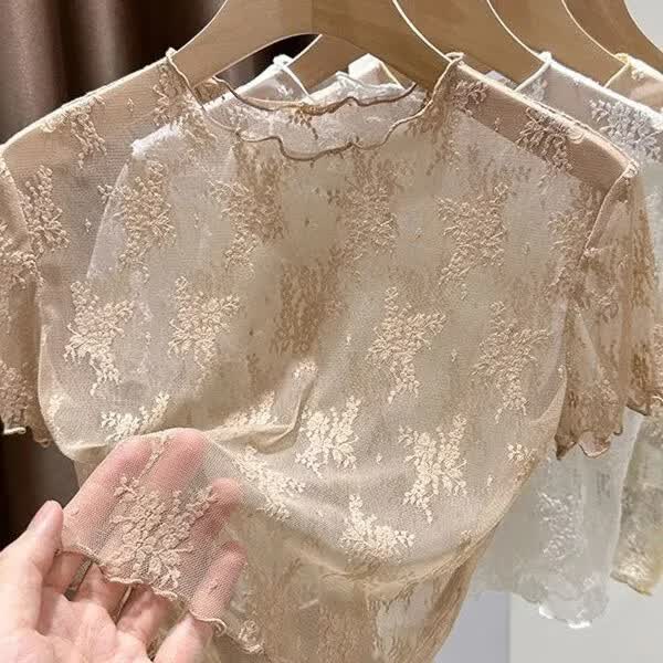 镂空蕾丝打底衫女吊带裙内搭防走光透明薄纱半截网纱上衣 杏色 L 【115-125斤】
