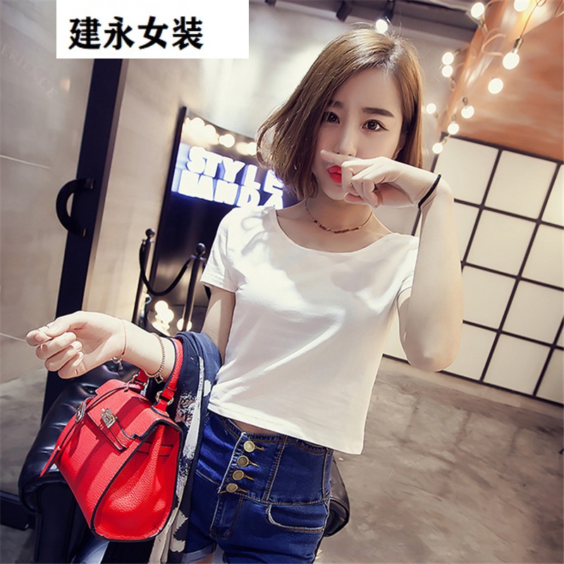 韩版少女超短装显瘦露脐t恤夏季紧身女学生短袖高腰短款上衣服潮 单件