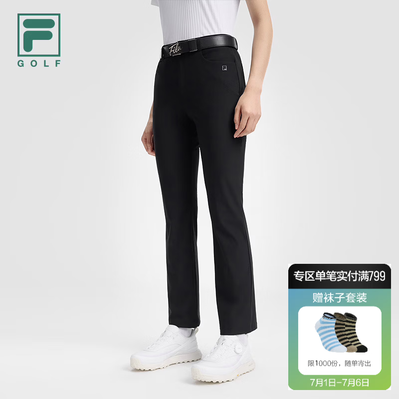 FILA 斐乐官方女士针织长裤2026秋新款高尔夫运动裤子基础喇叭裤 深黑-BK S 160/62A/S