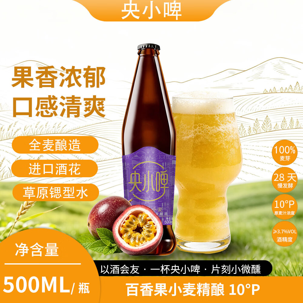 央小啤10P 百香果小麦精酿果味啤酒 锶型水28天慢发酵进口麦芽整箱礼盒 500ml 12瓶 礼盒装
