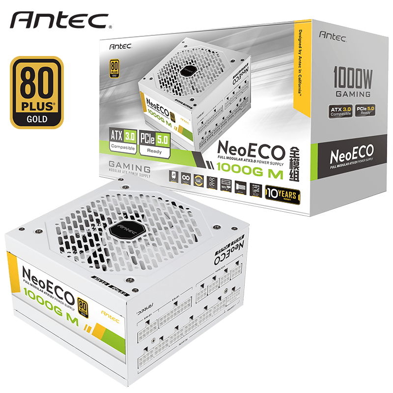 Antec 安钛克 NE1000 白色 金牌全模组/ATX3.0/原生PCIe5.0/支持4090/全日系电解电容/双8pin电脑主机电源