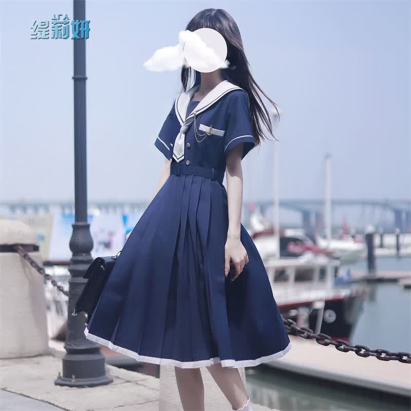 缇莉妍 夏秋季新款日系jk水手服气质收腰显瘦连衣裙女学生中长款百褶a字裙 藏青连衣 S怎么看?