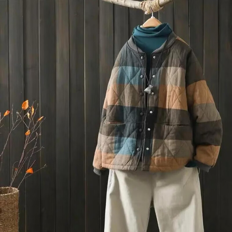 加棉轻薄小棉袄小款棉服中年人的棉麻外套女士短款秋冬季复古拼色格子夹棉棉衣 米色 M【100-115斤】