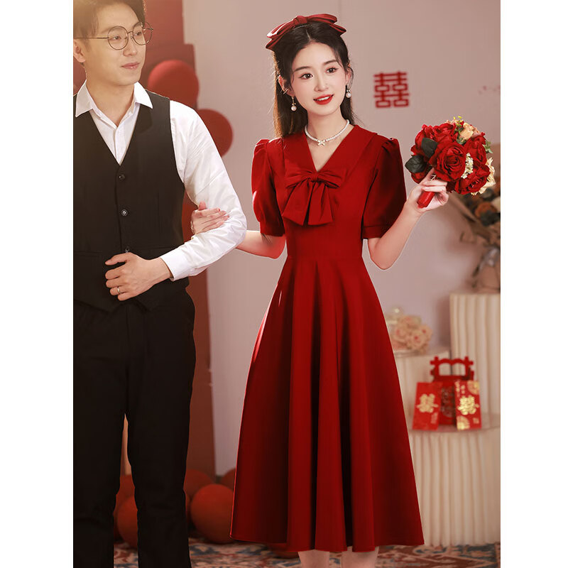 塞德勒（SAIDELE）敬酒服小个子新娘平时可穿日常回门订婚连衣裙红色礼服女夏季法式 酒红色 M (建议96-105斤)