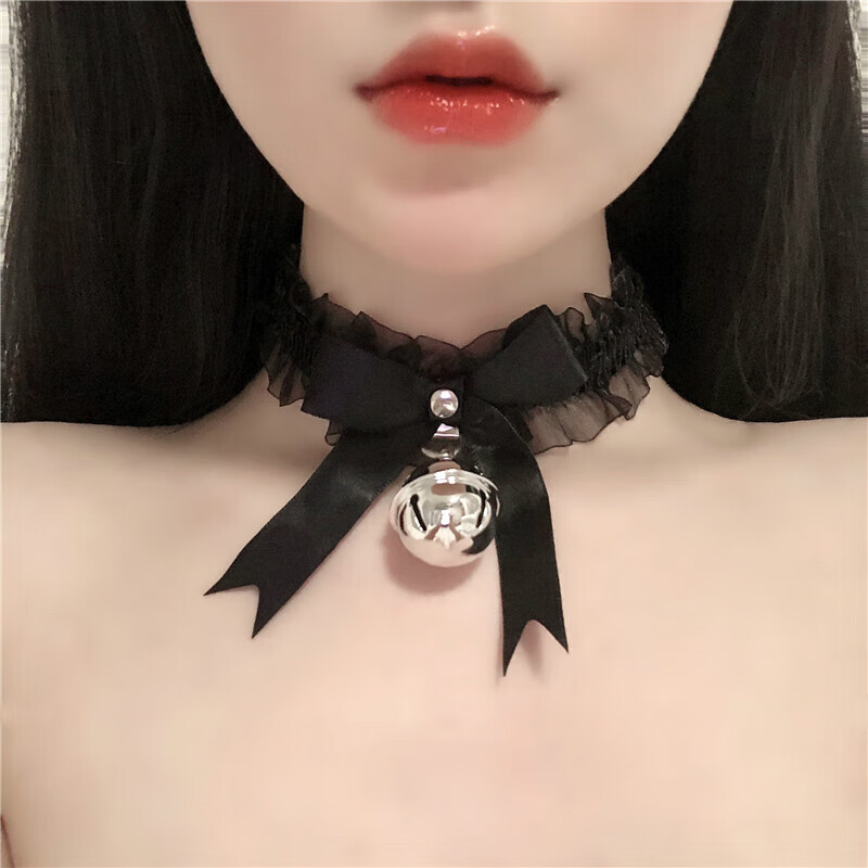 颈环大铃铛脖圈女性感项链配饰可爱三色cos情趣蕾丝项圈女m绳 黑色