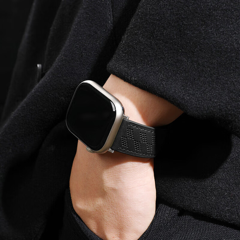 LIAVNAS适用苹果表带apple watch s11/10/9/ultra2微孔透气双面真皮表带iwatch S8/7/6/5/SEwp磁吸手表带 微孔-透气-黑色 44/45/46/49MM表盘通用