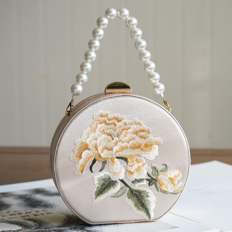 手提包女中式刺绣小包包搭配穿旗袍的包 香槟色
