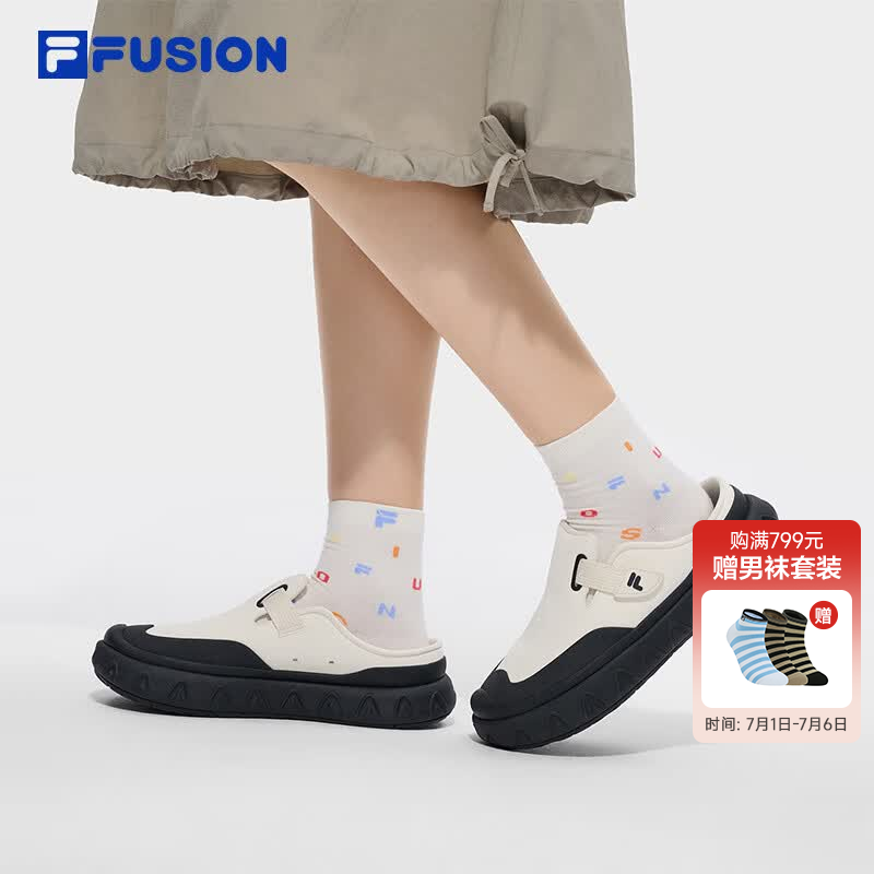 FILAFUSION斐乐女鞋勃肯鞋一脚蹬半拖鞋子2026夏季新款甜筒凉鞋穆勒鞋 香草冰白/黑-VB 37.5