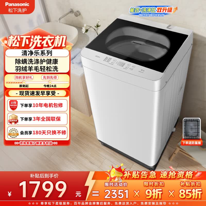 松下（Panasonic）抗菌除螨 波轮洗衣机 10KG 除螨羽绒羊毛洗 家用全自动XQB100-Q17CS