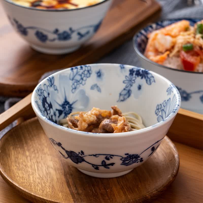 美浓烧（Mino Yaki） 碗 饭碗 日式青花陶瓷家用碗4.5英寸高脚微波炉米饭碗 花集4.5英寸饭碗