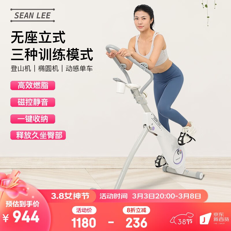 SEAN LEE三合一有氧动感单车家用无声磁控健身车燃脂减肥室内可折叠立式 月白【3档高度+8档阻力调节】