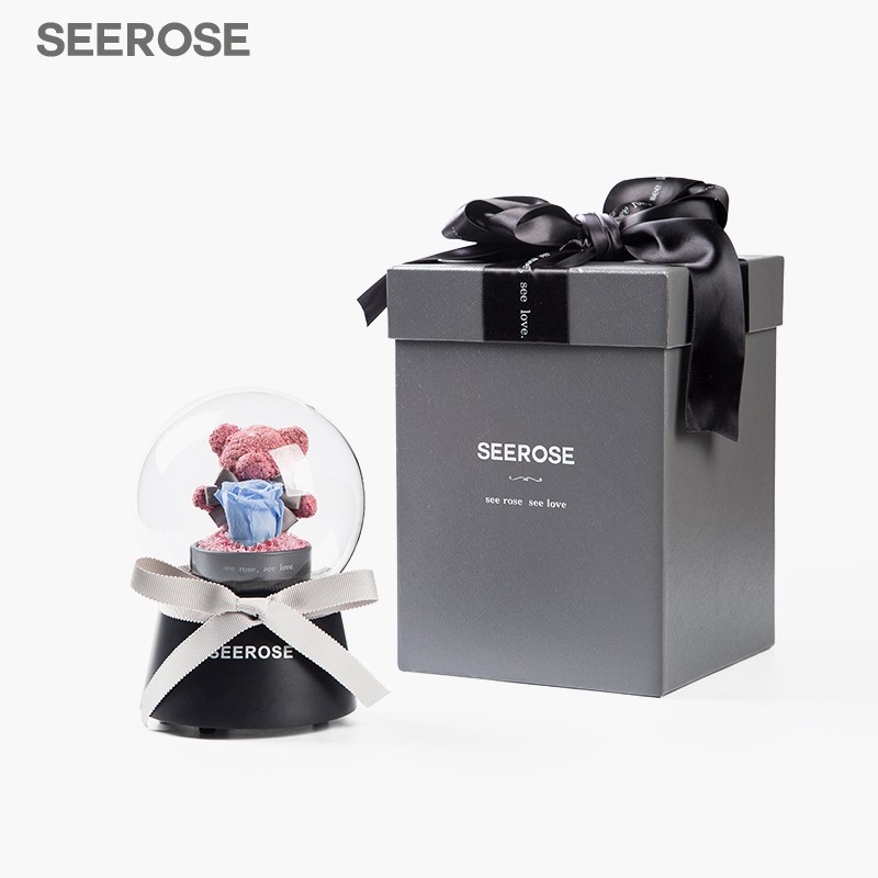 西罗斯（SEEROSE）旋转音乐盒永生花玻璃罩苔藓玫瑰小熊送老婆情人节浪漫生日礼物 许你一生-蓝紫色