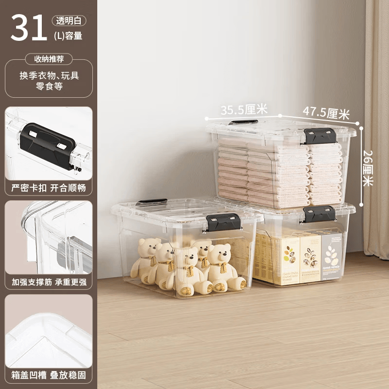 禧天龙透明收纳箱大号塑料搬家箱衣服玩具收纳整理箱 31升三个装【47.5*35.5*26cm】