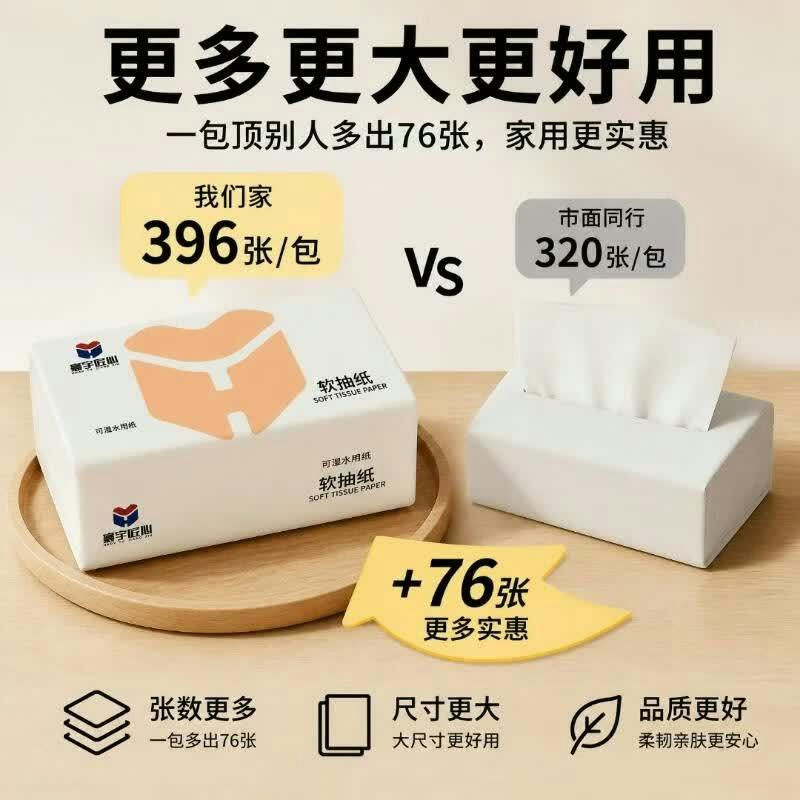 寰宇匠心6层加厚亲肤可湿水抽纸无香纸巾面巾纸家用商务餐巾纸 家庭体验 6层 396张*6包 整箱装