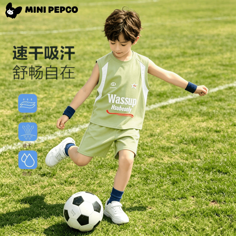 小猪班纳（PEPCO）儿童运动无袖字母拼色背心套装男童中大童运动宽松夏季速干两件套 赛车服-藏青 160