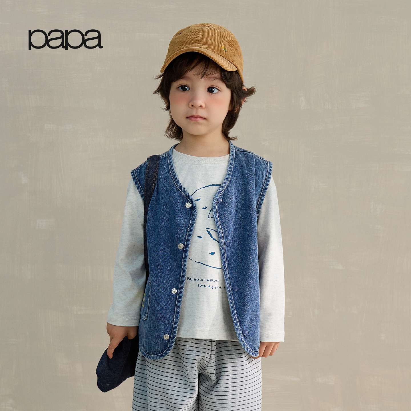 papa【软牛仔】爬爬秋季儿童马甲男女童纯棉柔软亲肤印花百搭A类 深蓝色 110