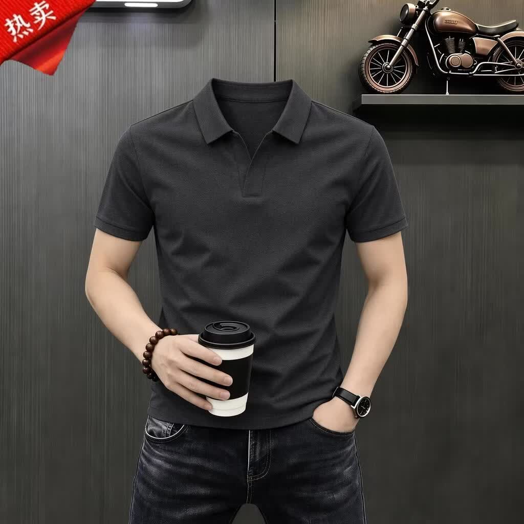 【专柜正品】剪刀领夏季新款轻奢时尚休闲短袖卫衣弹力POLO衫wwh 黑色【轻奢款】 4XL 适合180-200斤