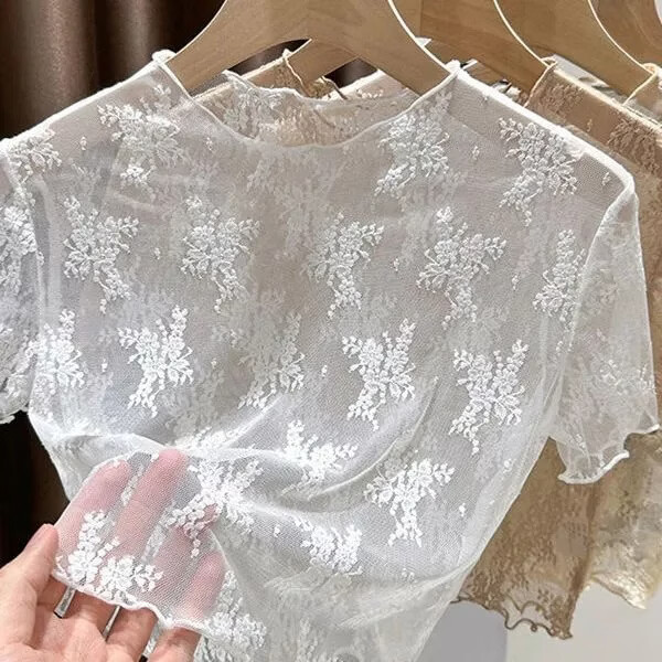 镂空蕾丝打底衫女吊带裙内搭防走光透明薄纱半截网纱上衣 白色 L 【115-125斤】